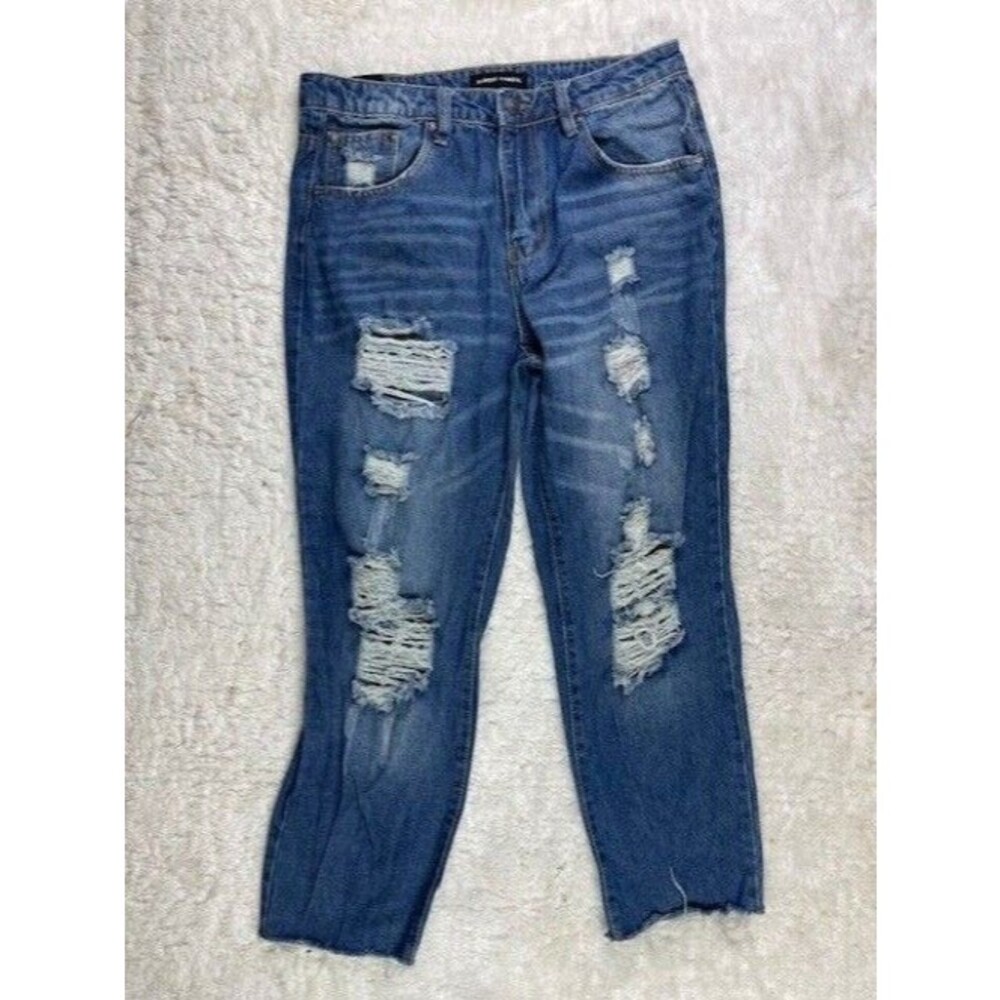 Almost Famous Size 9 Womens Jeans Dark Wash Distress Raw Hem High Rise